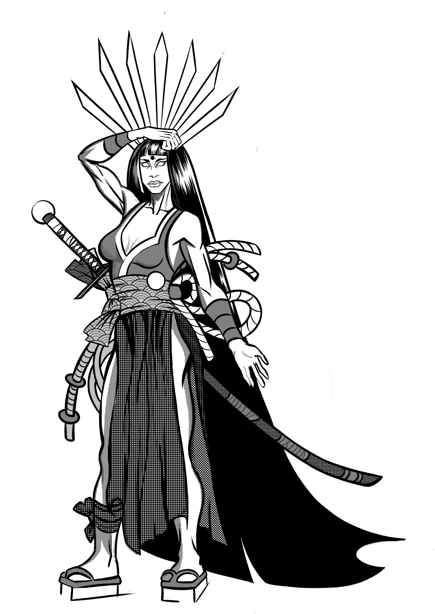Comic-inspired black-and-white drawing of a warrior woman with a crown of radiant spikes and two swords.