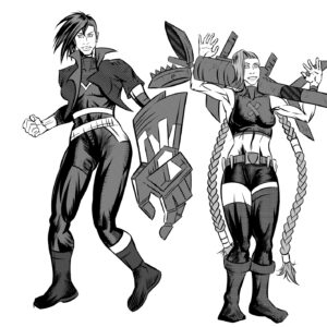 Comic-style drawing of two female warriors with futuristic armor and oversized weapons.