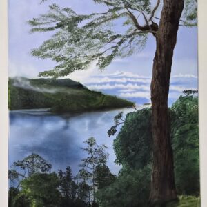 A breathtaking airbrushed painting showcasing a sweeping view of a river reflecting the sky, framed by lush green trees and a towering trunk in the foreground.