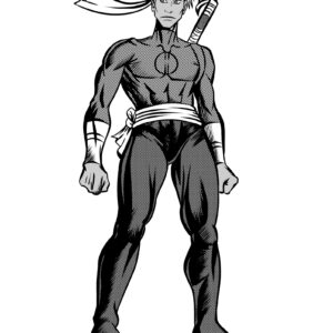 Black-and-white manga drawing of a warrior with a sword on his back and a flowing headband.