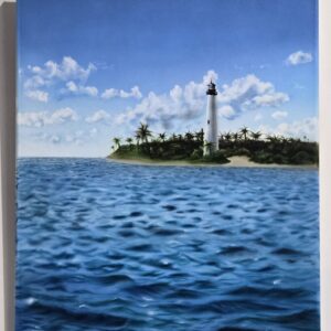 A captivating airbrushed painting featuring a tall white lighthouse standing proudly on a coastal island, surrounded by palm trees and crashing blue waves.
