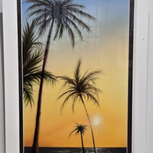 A vibrant airbrushed painting of silhouetted palm trees swaying gently against a radiant orange sunset as the sun dips into the horizon over the ocean.
