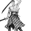 Black-and-white illustration of a muscular warrior holding two swords, with scars across his chest.