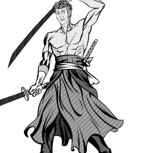 Black-and-white illustration of a muscular warrior holding two swords, with scars across his chest.