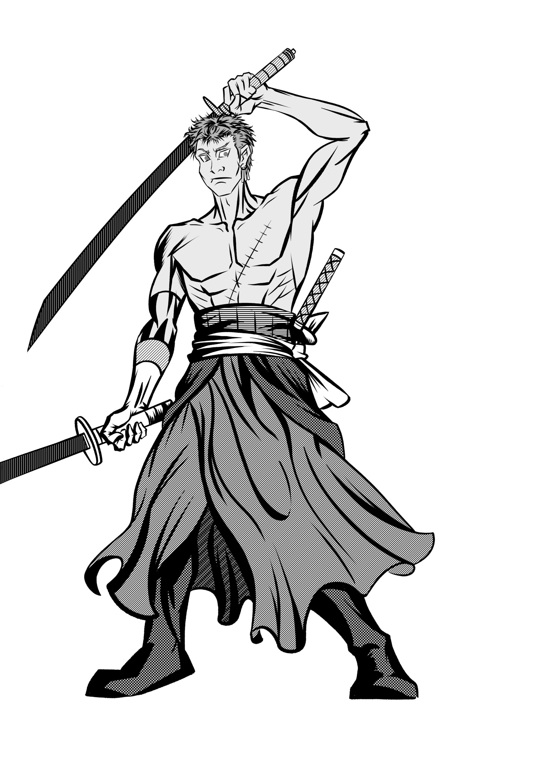 Black-and-white illustration of a muscular warrior holding two swords, with scars across his chest.