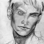 Black-and-white sketch of a teenage boy’s face with sharp gaze and unfinished strokes.