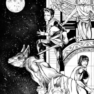 Black-and-white illustration of two heroic figures under a full moon, with gargoyles and architectural details in the background.