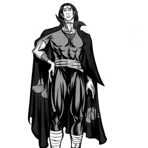 Black-and-white drawing of a cloaked male figure with glowing red eyes and a menacing aura.