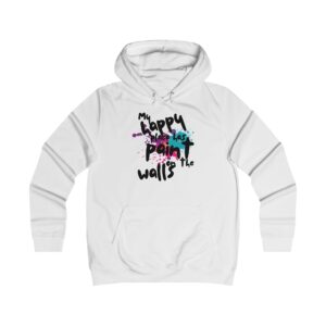 white hoodie with bold, playful black typography that reads “My Happy Place Has Paint on the Walls,” accented by colorful splatters in pink, blue, and purple; evoking a creative, artistic vibe.