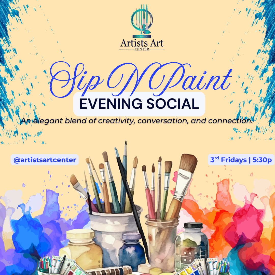 Discover new ways to unwind and reconnect with the Artists Art Center's monthly 'Sip N Paint' experience. These popular paint sessions are led by a featured artist, to guide you through creating your own masterpiece. Designed for interactive fun, and ideal for friends, co-workers, and family get-togethers, offering a complete package of music, food, beverages, and art.