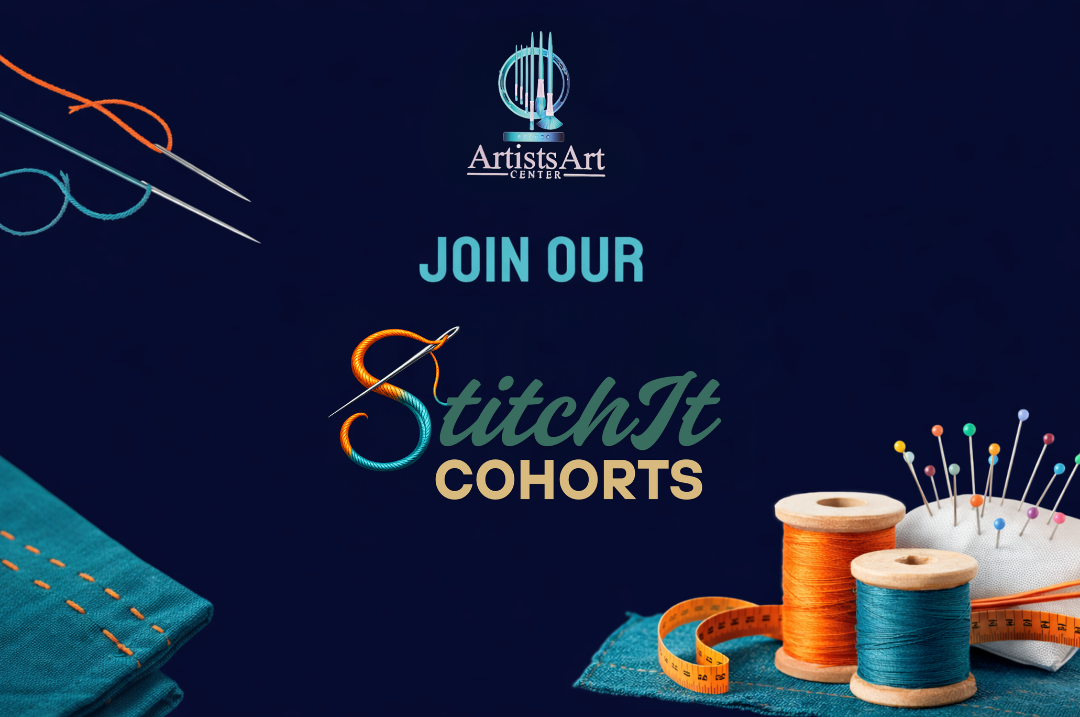 website header for stitchit cohorts quilt club. pictures of books with bold teal and beige letters on a blue background.